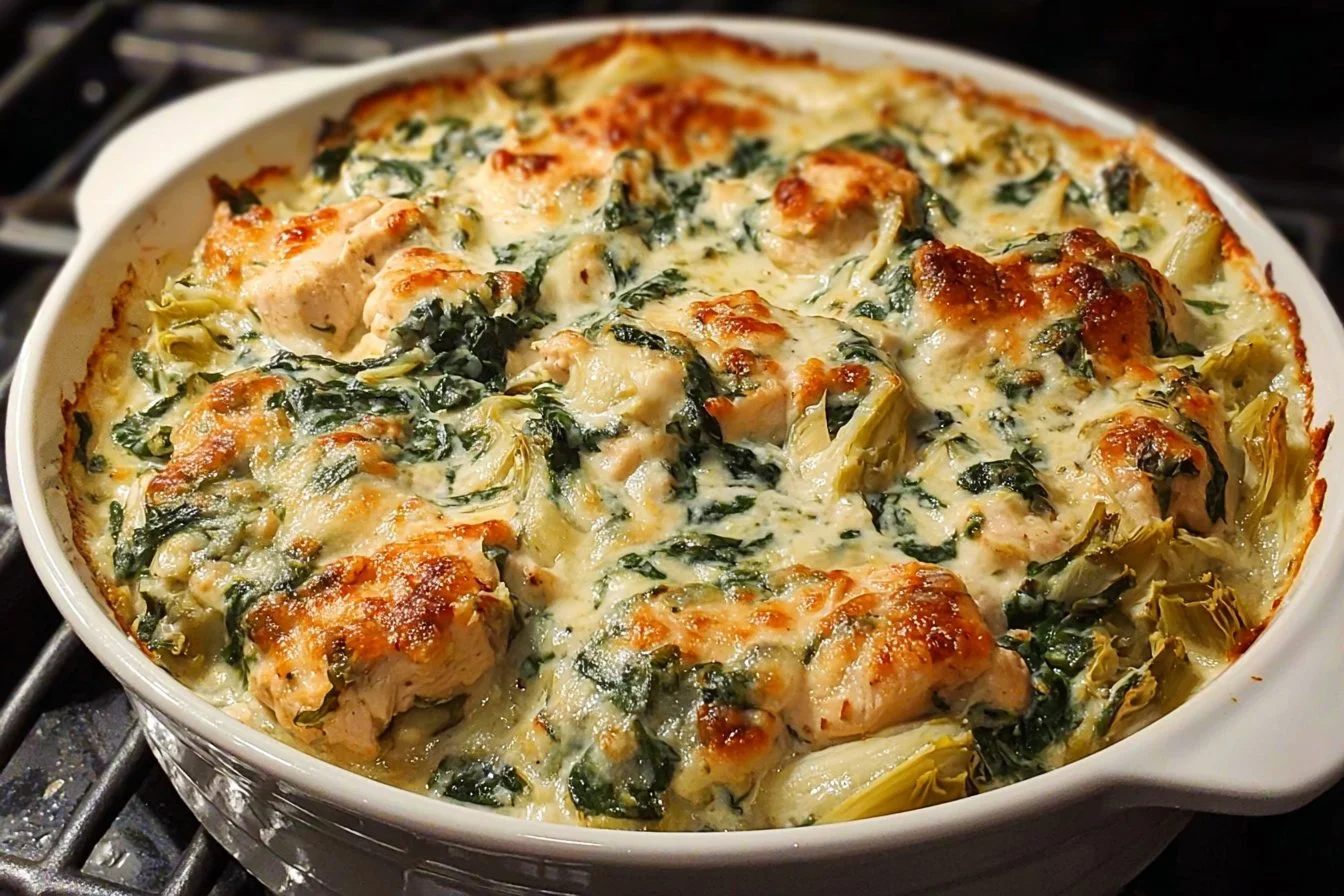 High-protein spinach artichoke chicken casserole baked to perfection