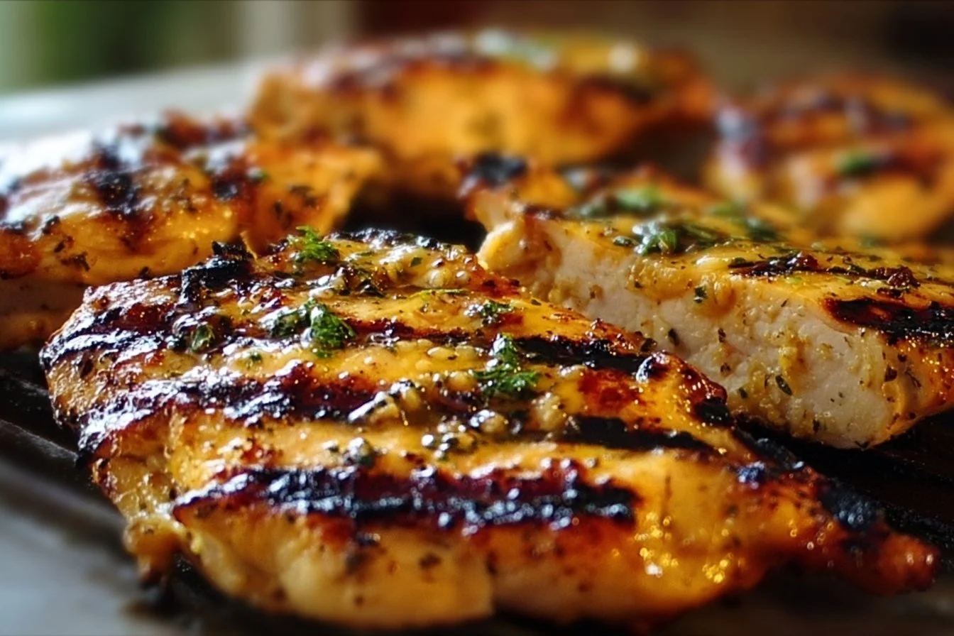 Honey mustard grilled chicken on a grill with fresh herbs and spices.