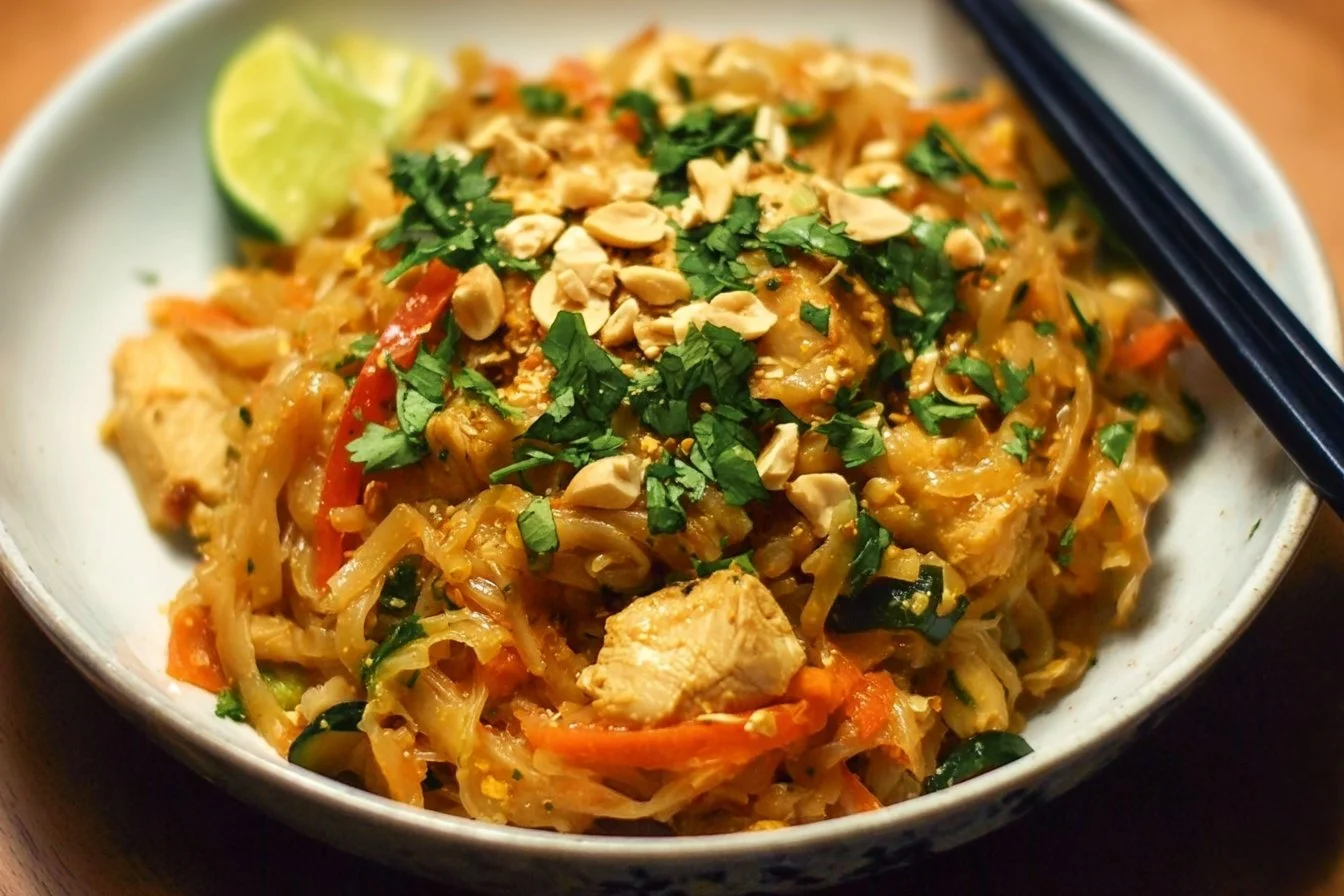 Instant Pot Chicken Pad Thai 3 Instant Pot Chicken Pad Thai dish with noodles, vegetables, and peanuts