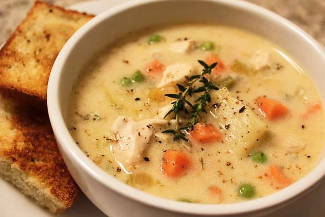 Instant Pot Chicken Pot Pie Soup 3 Delicious Instant Pot chicken pot pie soup served in a bowl with herbs