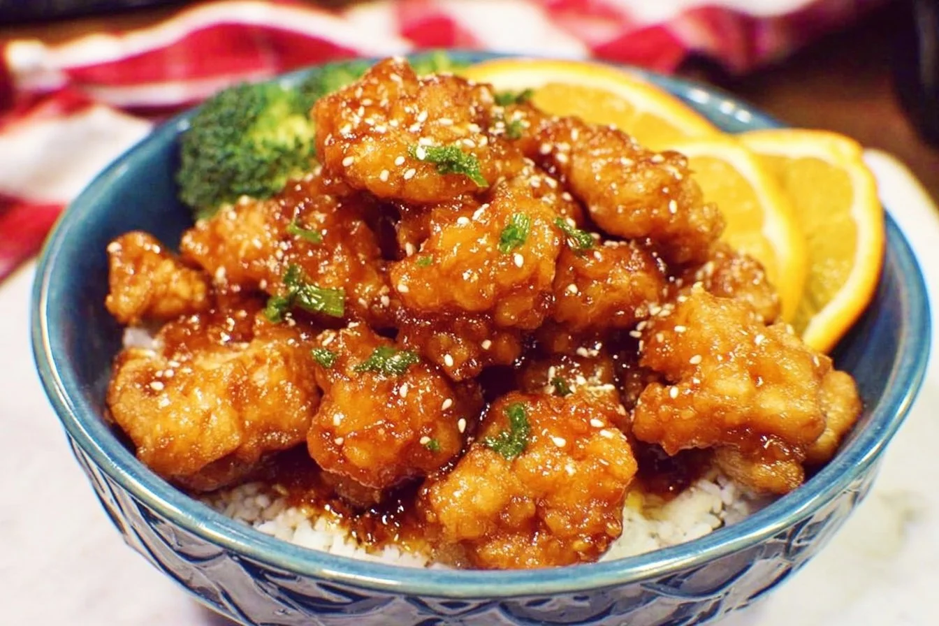 Delicious Instant Pot Orange Chicken served with rice and garnish