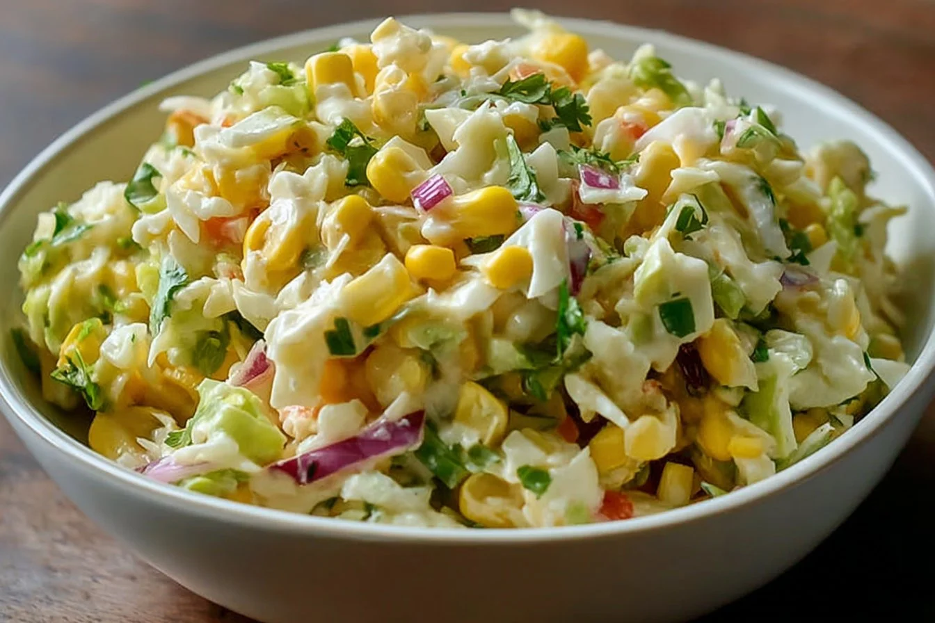 Jalapeño Corn Coleslaw topped with cilantro and lime for a zesty flavor
