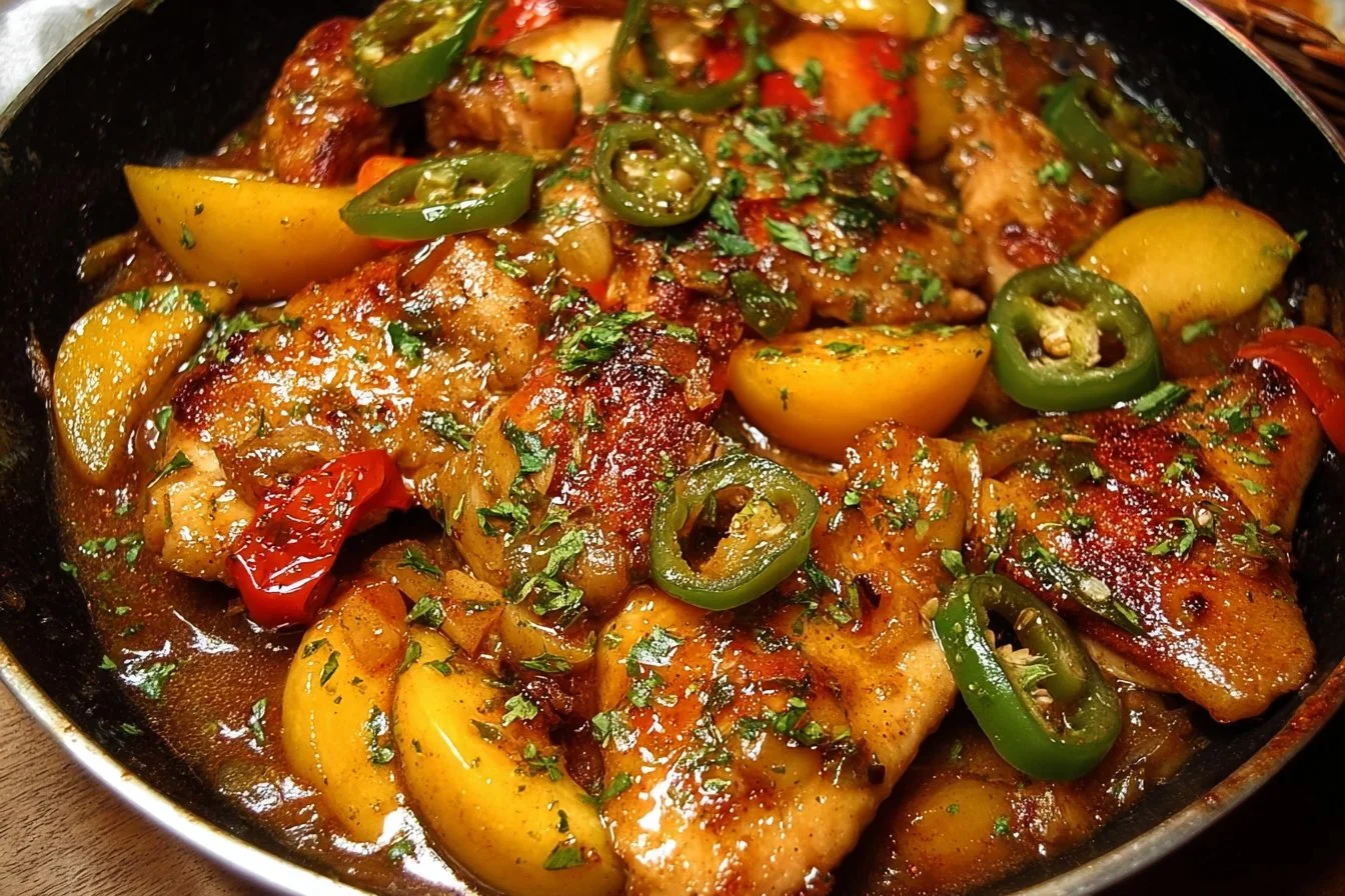 Delicious Jalapeño Peach Chicken on a plate garnished with spices and peaches