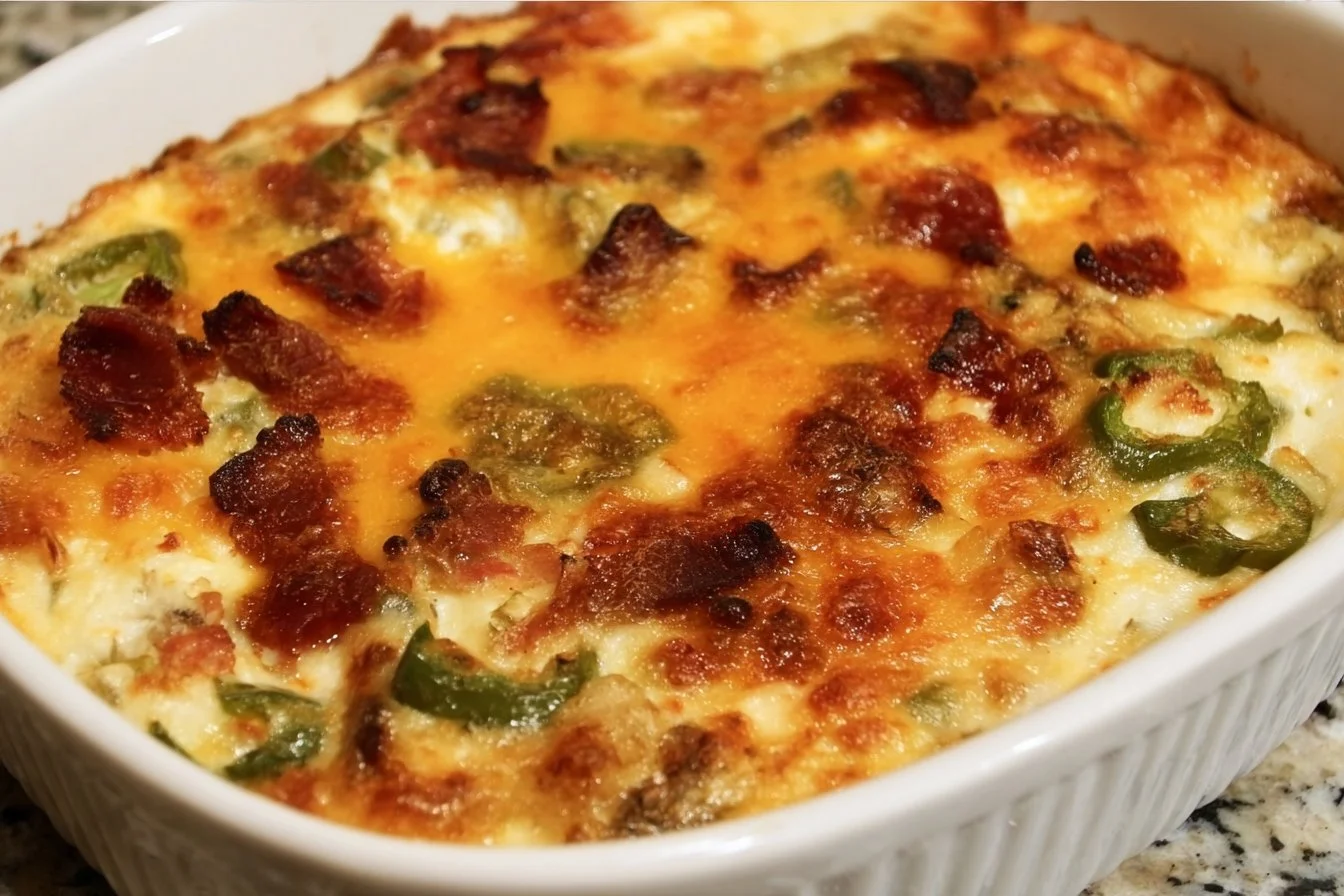Keto Jalapeño Popper Casserole topped with cheese and jalapeños in a baking dish