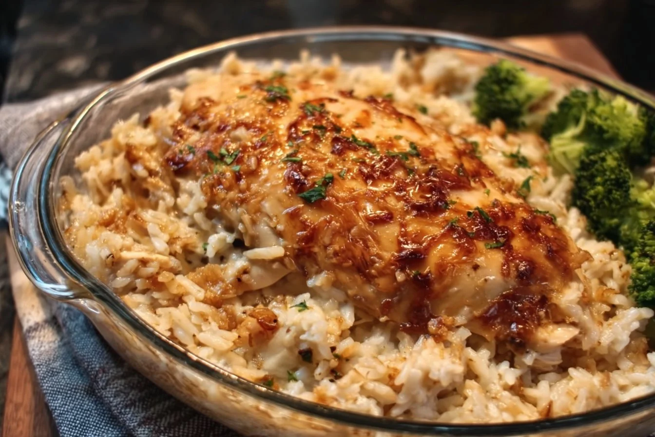 Creamy chicken and rice casserole topped with cheese in a baking dish