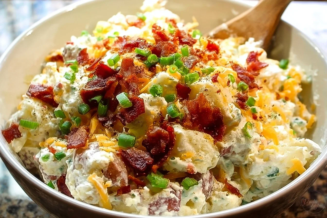 Loaded baked potato salad with toppings in a bowl