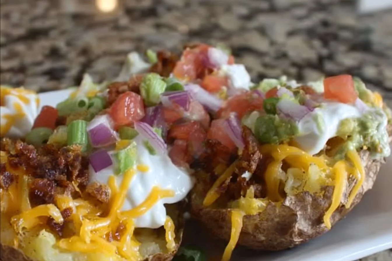 Delicious loaded potato bowls topped with cheese, bacon, and green onions