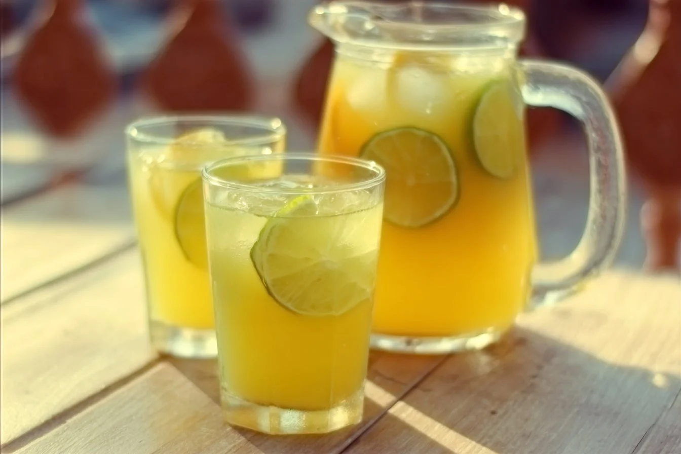 Mango Lemonade 3 A glass of refreshing Mango Lemonade with a slice of lemon and mango garnish.