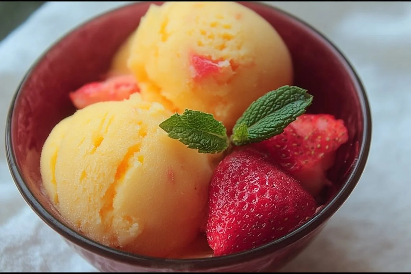 Delicious bowl of Mango Strawberry Sorbet with fresh fruit on top.