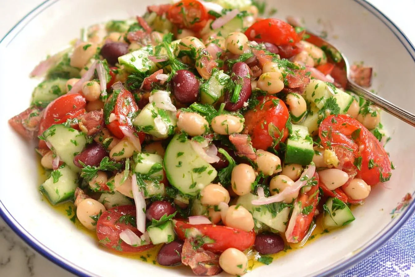 Colorful Mediterranean Bean Salad with fresh vegetables and herbs