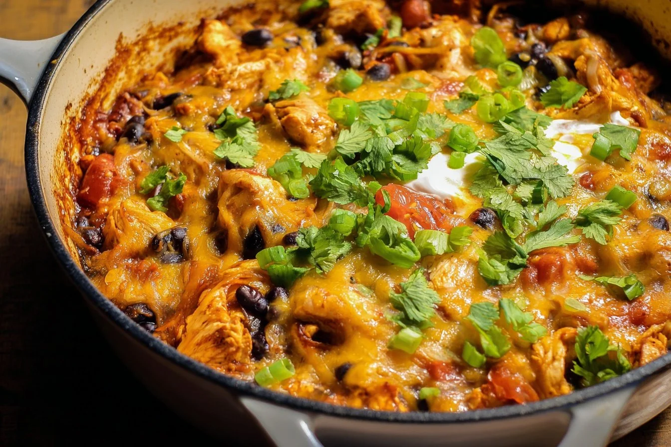 Mexican chicken black bean enchilada skillet topped with cheese and fresh herbs
