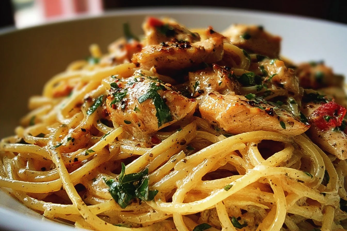 Monterey Chicken Spaghetti 3 Delicious Monterey Chicken Spaghetti dish with creamy sauce and toppings