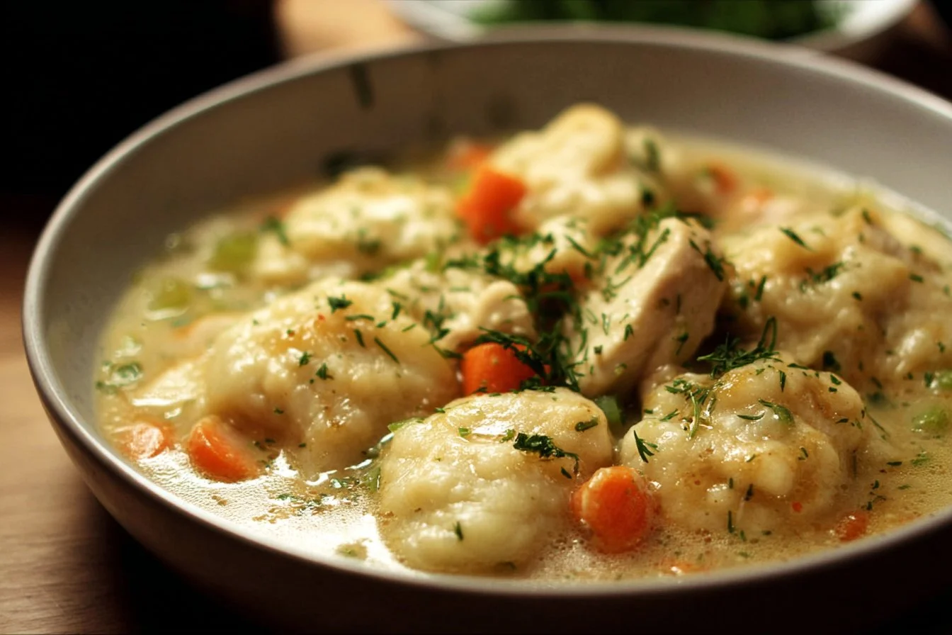 Bowl of old-fashioned chicken and dumplings ready to serve