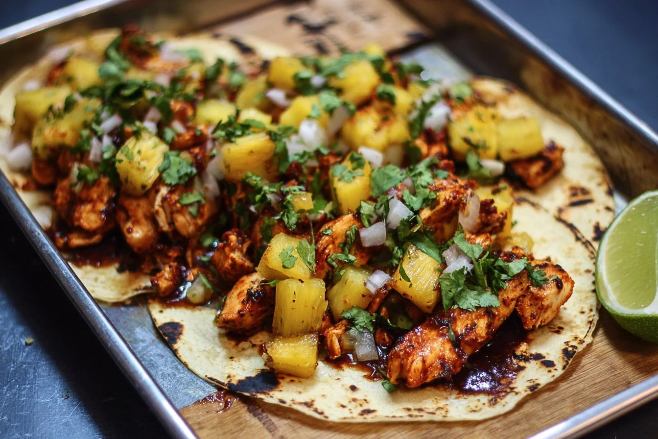 Delicious one pan chicken and pineapple tacos served with fresh toppings