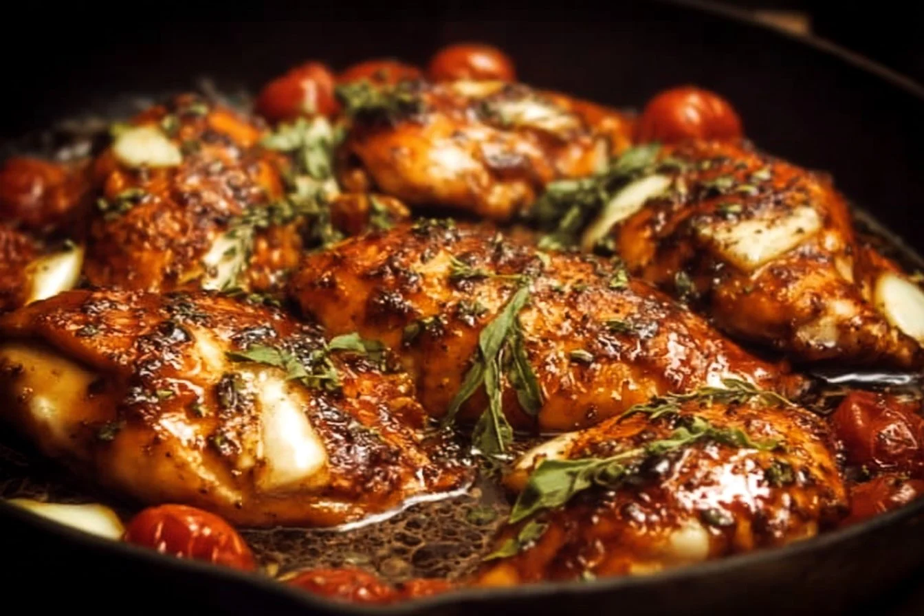 One-Pan Juicy Chicken with Balsamic Sauce 3 One-Pan Juicy Chicken served with Balsamic Sauce, garnished for flavor.