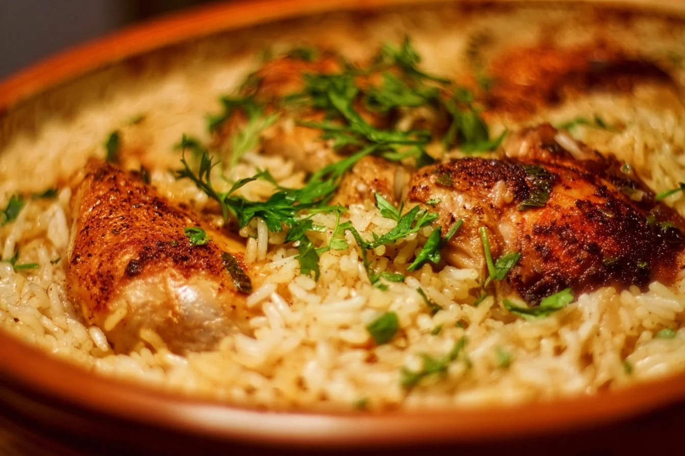 One Pot Chicken and Rice served in a colorful bowl