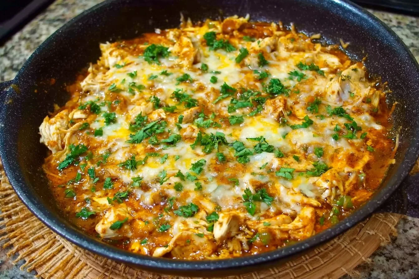 One Pot Chicken Enchilada Skillet with grilled chicken, cheese, and sauce