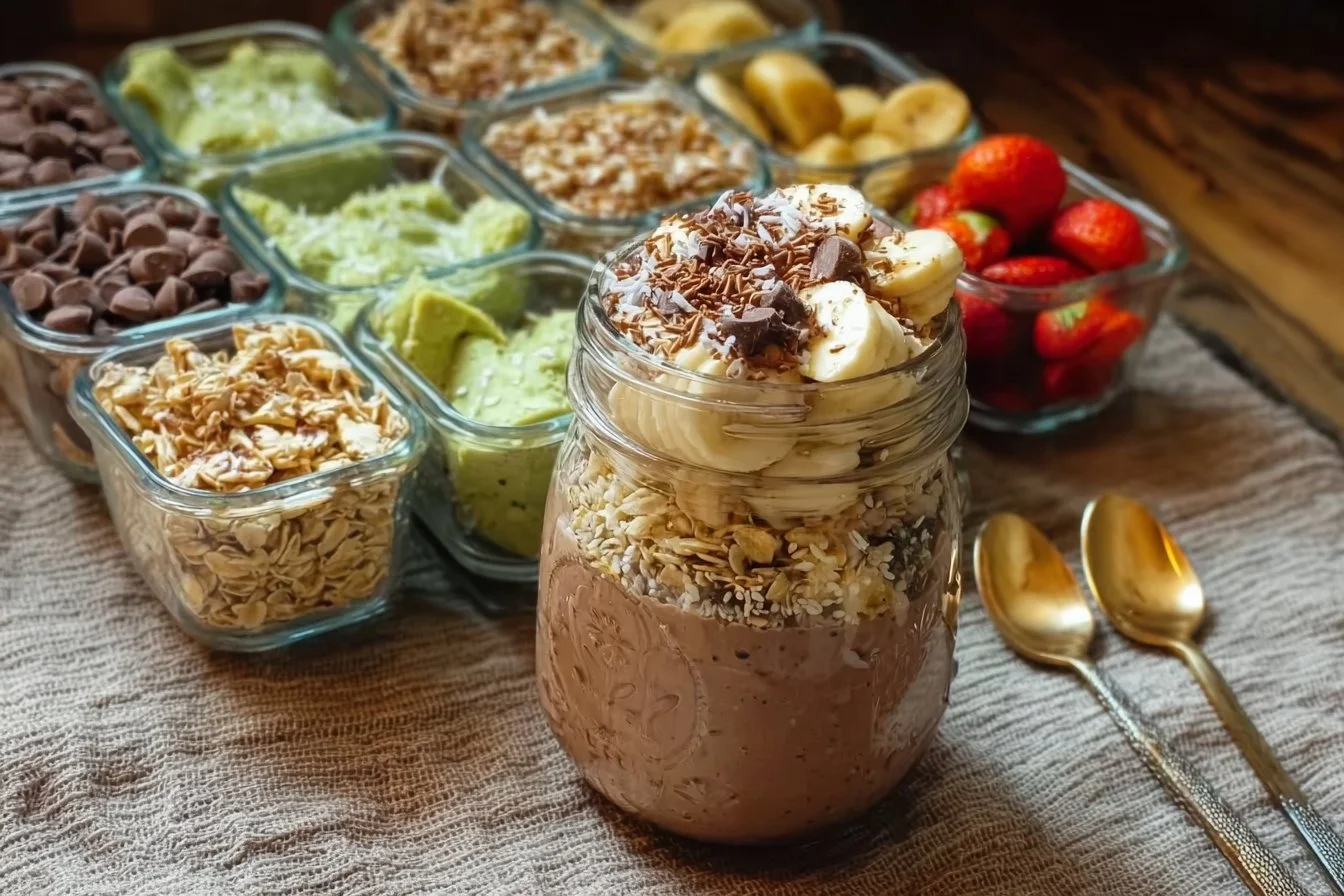 PB Chocolate Overnight Oats 3 A bowl of PB Chocolate Overnight Oats topped with nuts and chocolate chips.