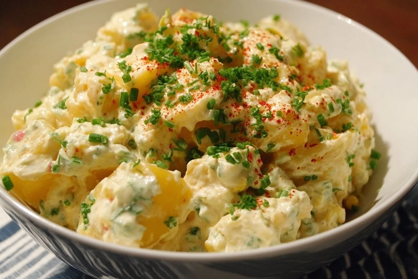 Delicious homemade potato salad served in a bowl with fresh herbs.