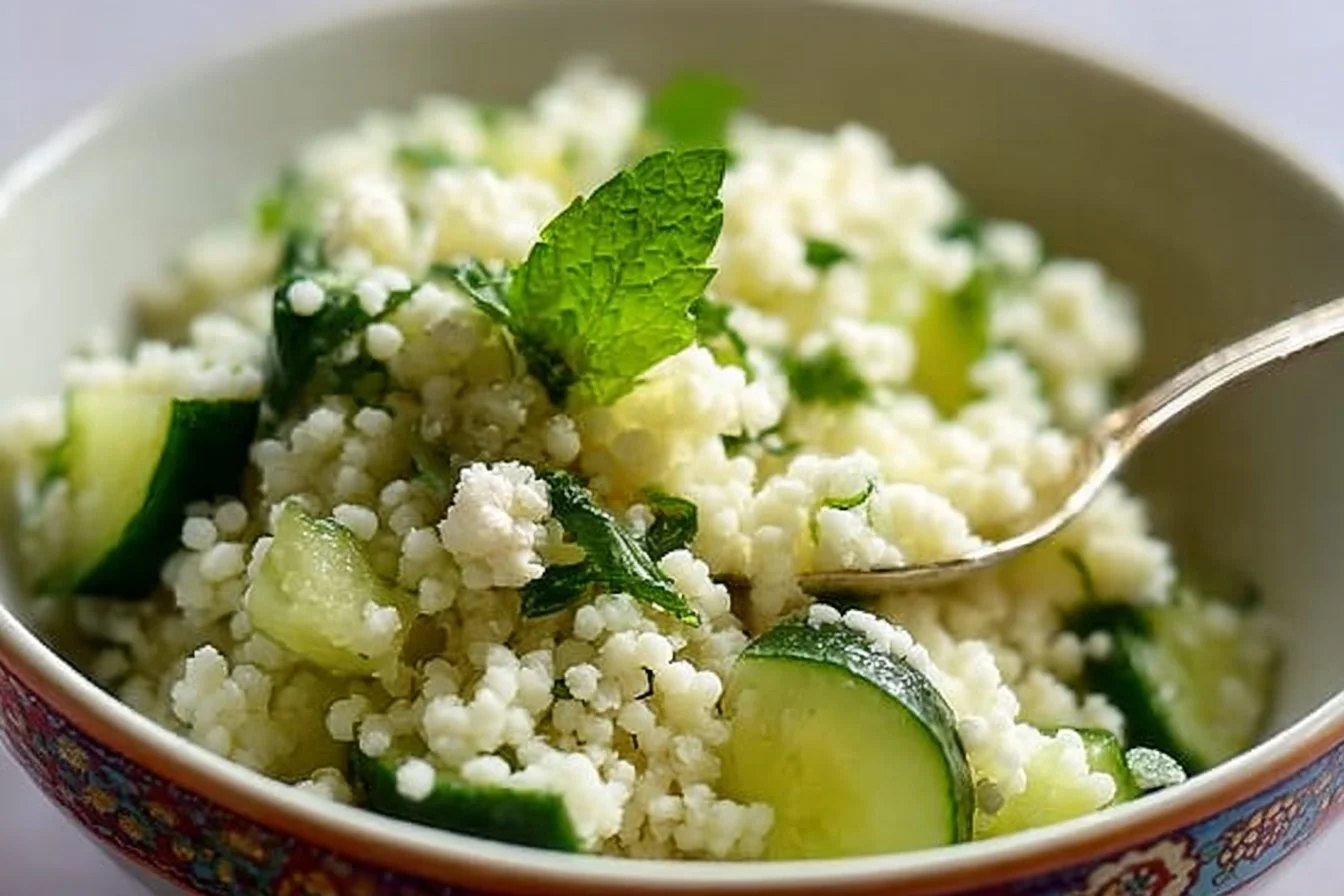 Delicious refreshing cucumber couscous salad with fresh vegetables and herbs