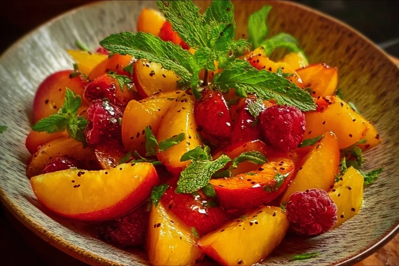 A colorful bowl of refreshing summer peach salad with fresh fruits and greens.