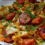 Sausage Cabbage Stir Fry served in a skillet with colorful vegetables