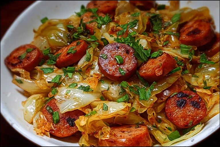 Sausage Cabbage Stir Fry served in a skillet with colorful vegetables