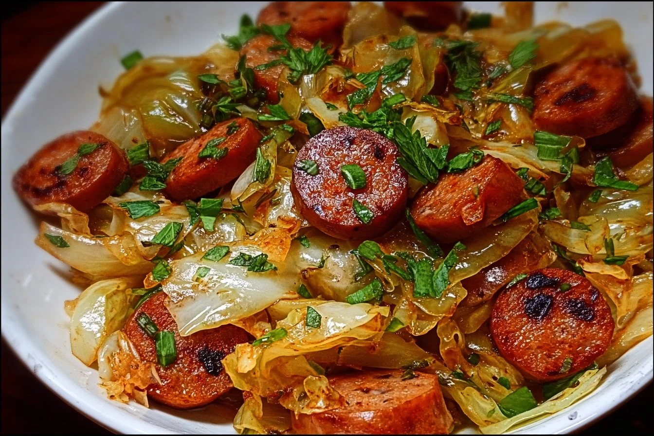 Sausage Cabbage Stir Fry served in a skillet with colorful vegetables