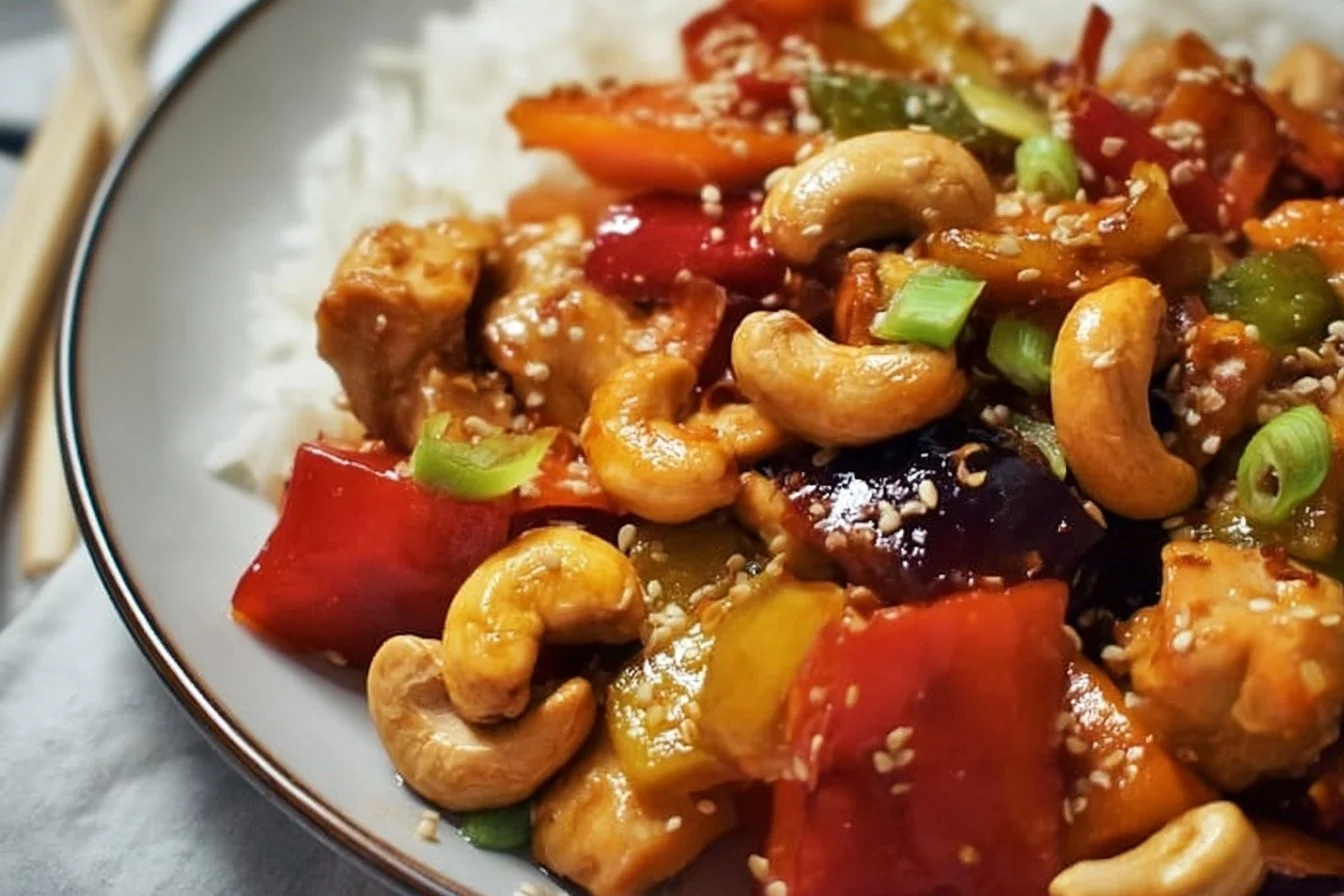 Delicious Sheet Pan Cashew Chicken ready to serve on a dinner plate.
