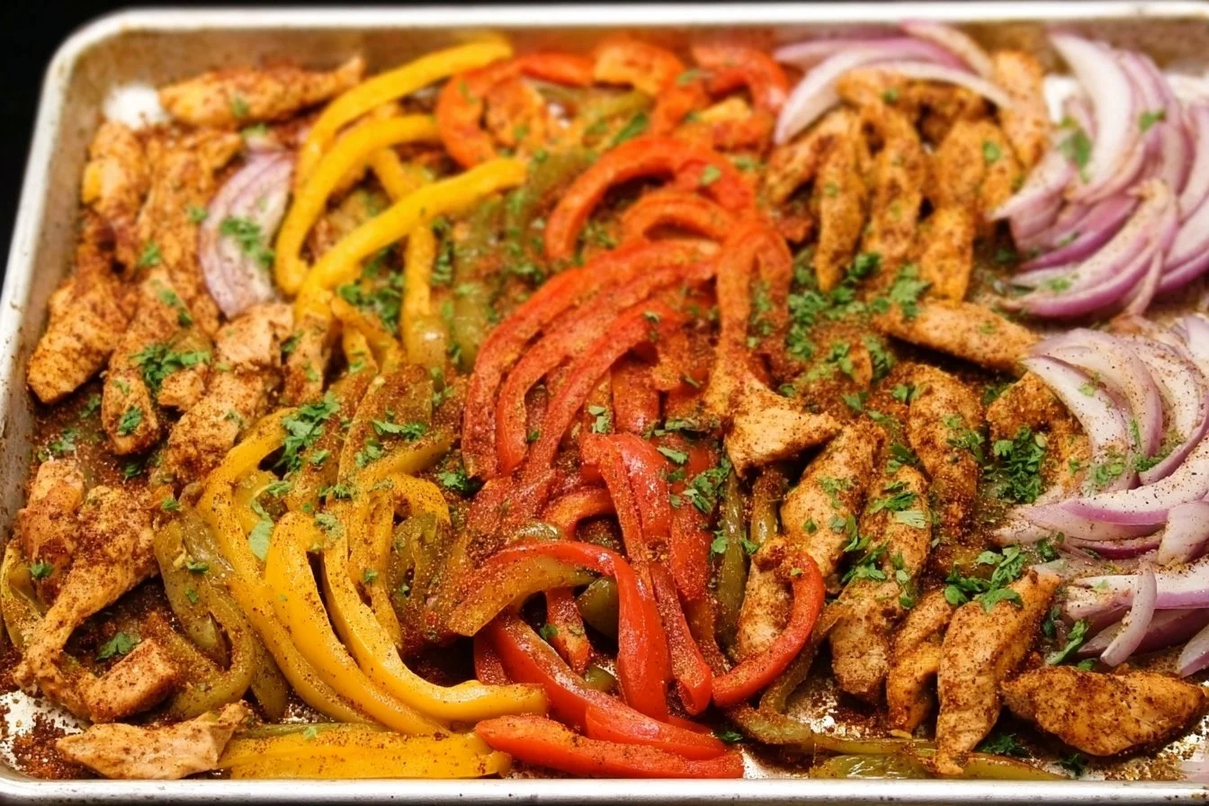 Sheet pan chicken fajitas with bell peppers and onions on a baking sheet
