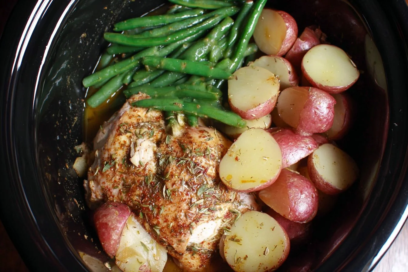 Slow cooker seasoned chicken with potatoes and green beans on a plate
