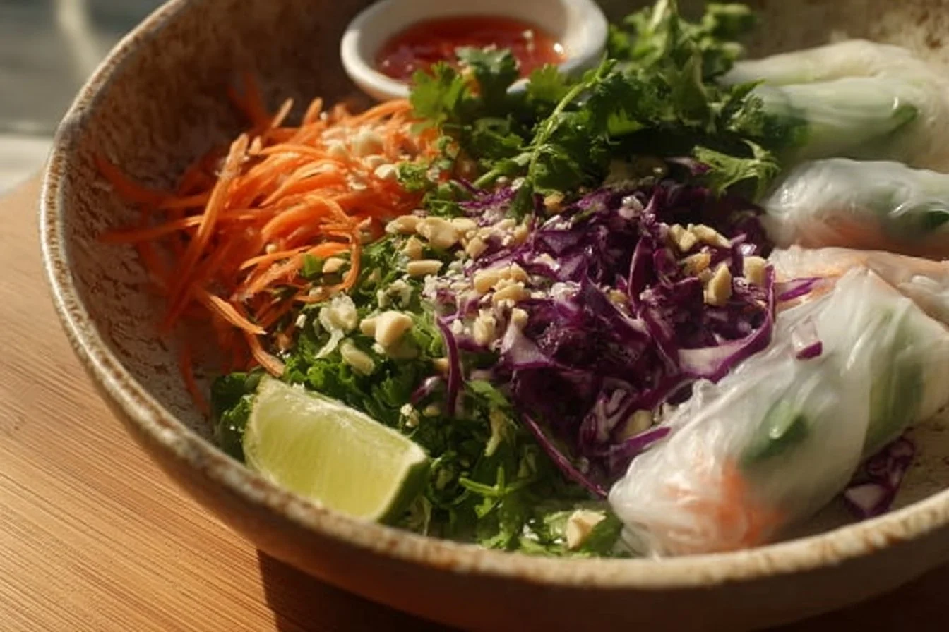 Colorful spring roll salad with fresh vegetables and herbs