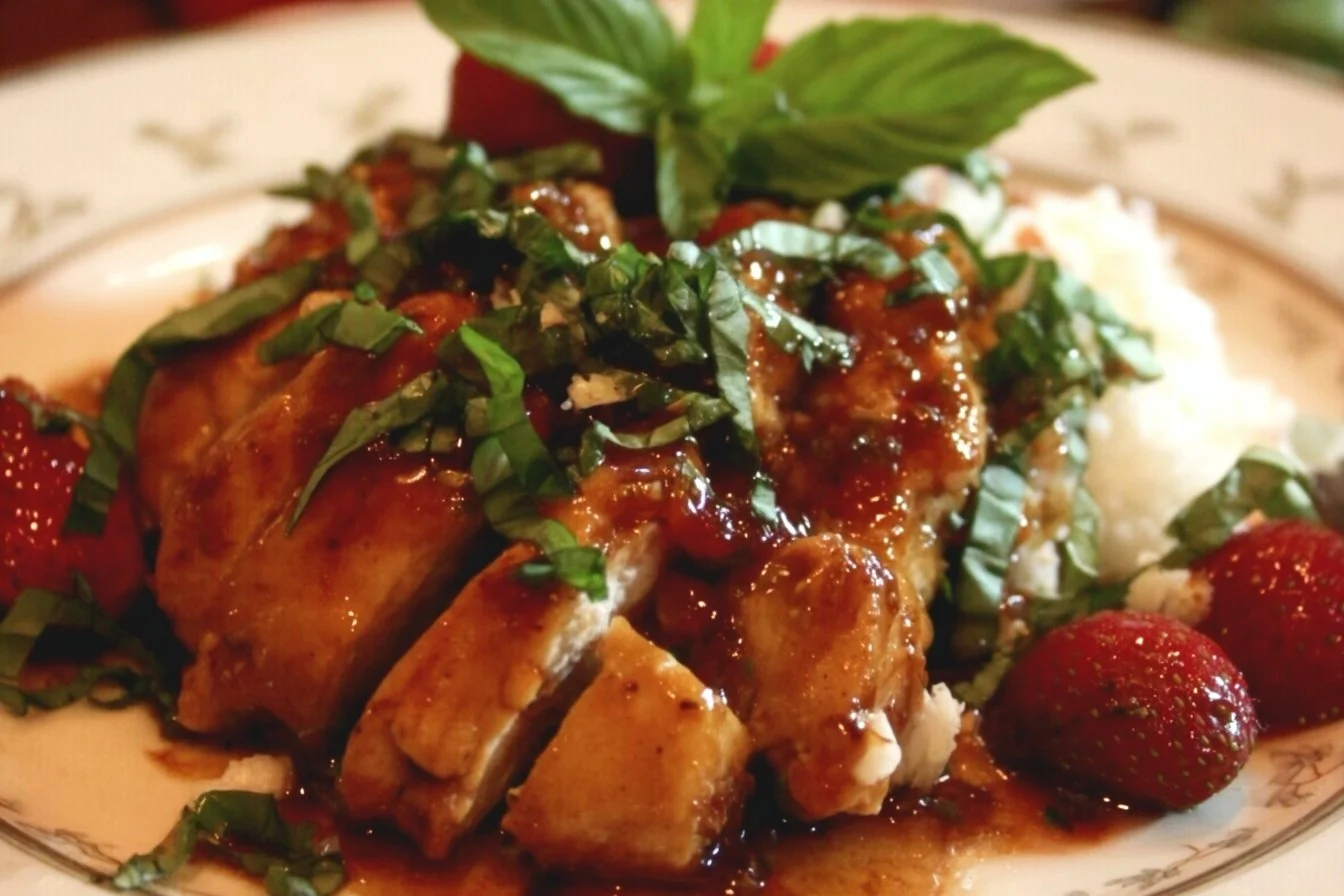 Juicy Strawberry Basil Chicken garnished with fresh basil leaves and strawberries.