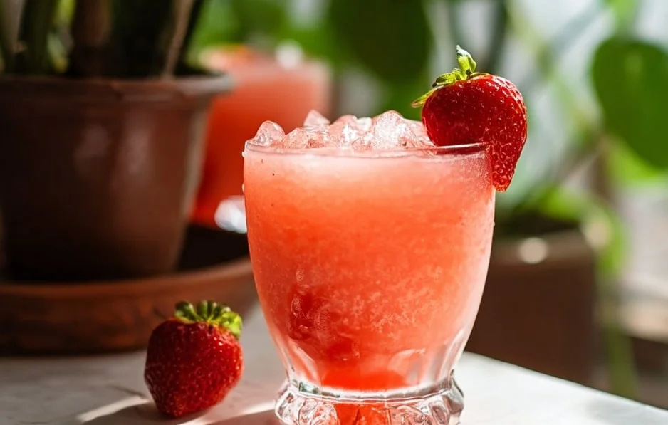Strawberry Coconut Rum Cooler cocktail with fresh strawberries and coconut.