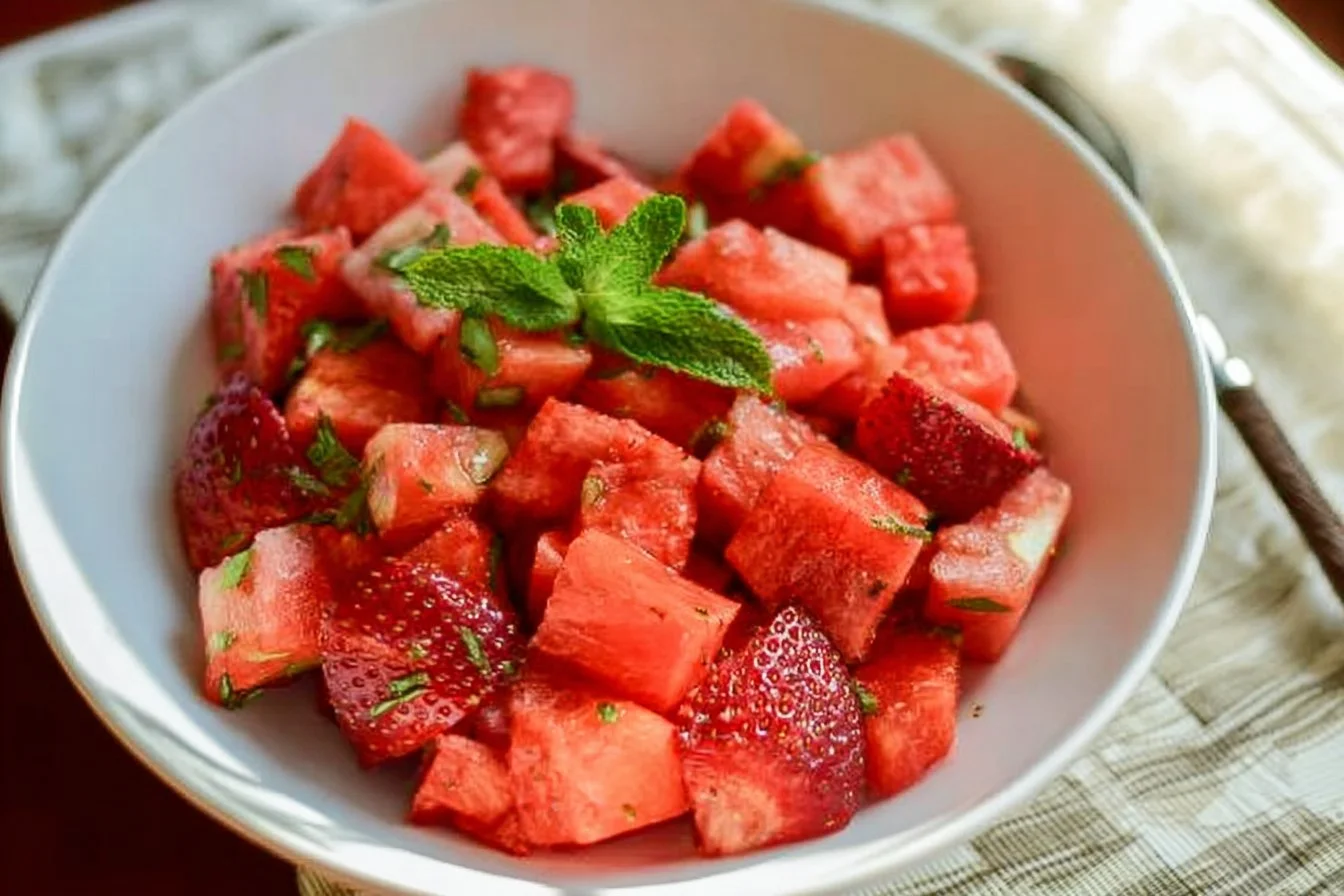 Strawberry Watermelon Salad with Honey-Lime Vinaigrette on a plate