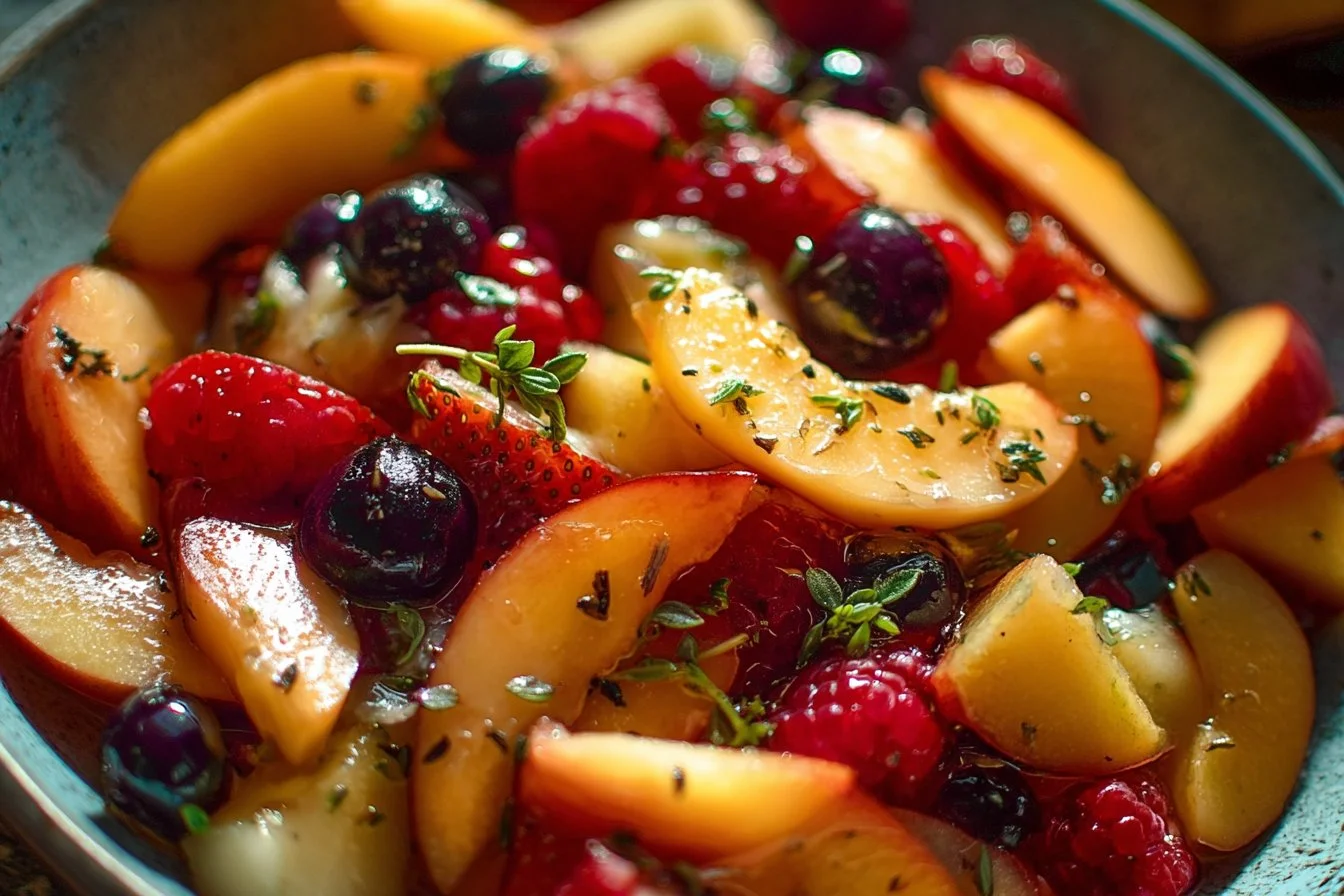Delicious summer fruit salad with lemon maple thyme dressing served in a bowl