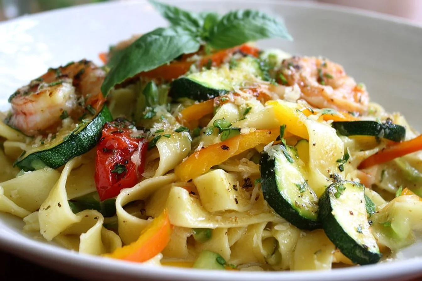 A vibrant bowl of Summer Pasta Primavera featuring fresh vegetables and pasta.