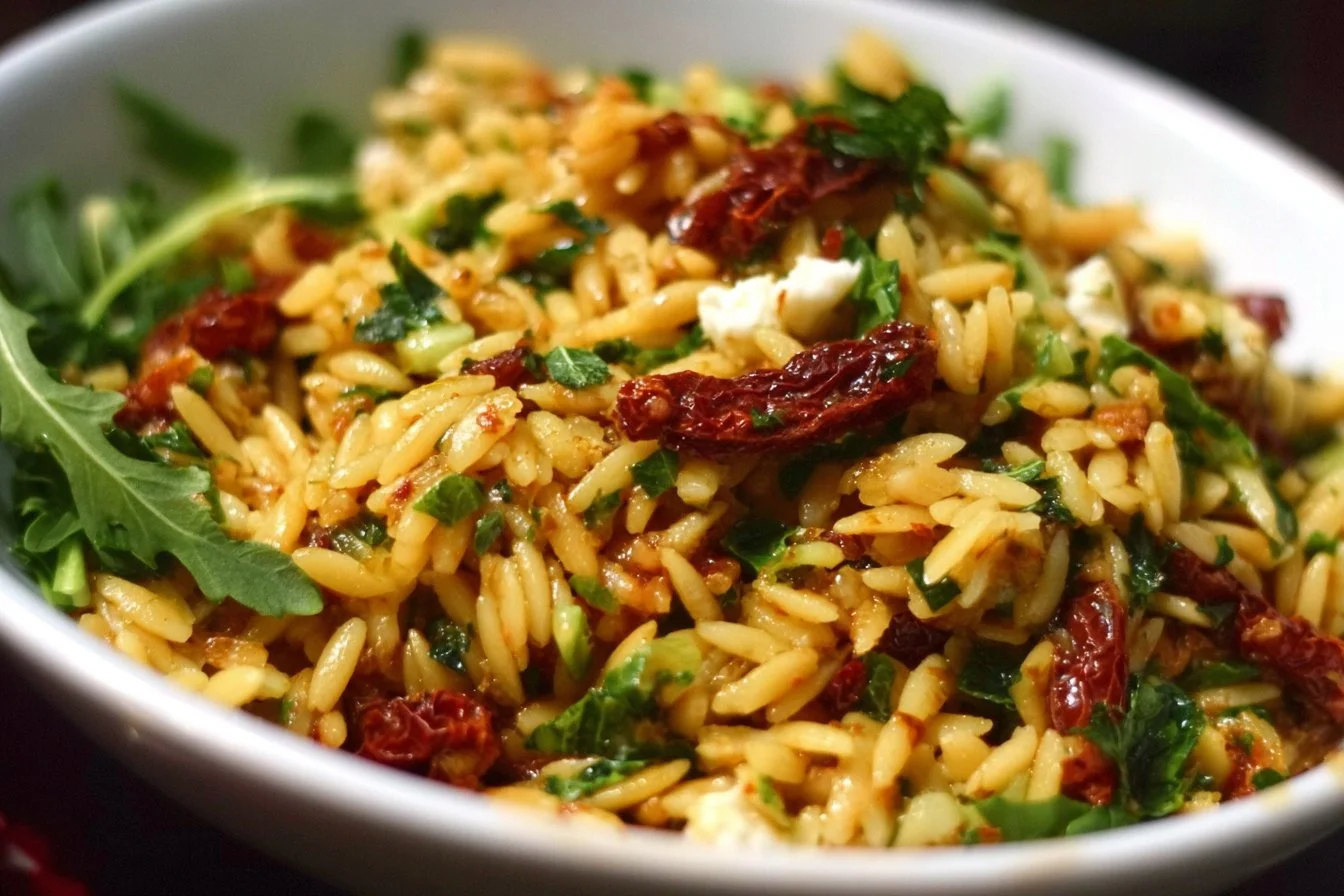 Sun Dried Tomato Orzo Pesto Salad garnished with fresh herbs and vegetables