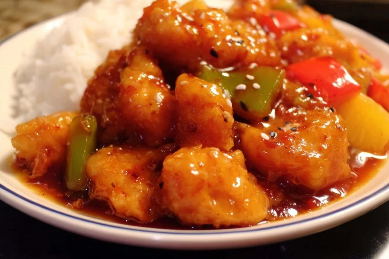 Delicious plate of Sweet and Sour Chicken with colorful vegetables