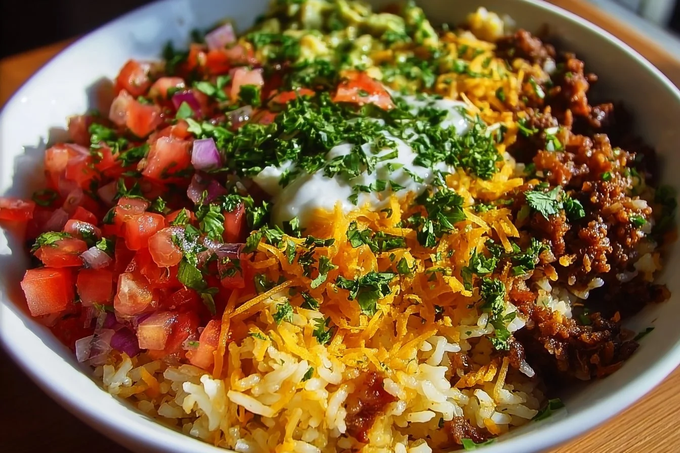 Colorful Taco Rice Bowl topped with vibrant vegetables and seasoned meat.