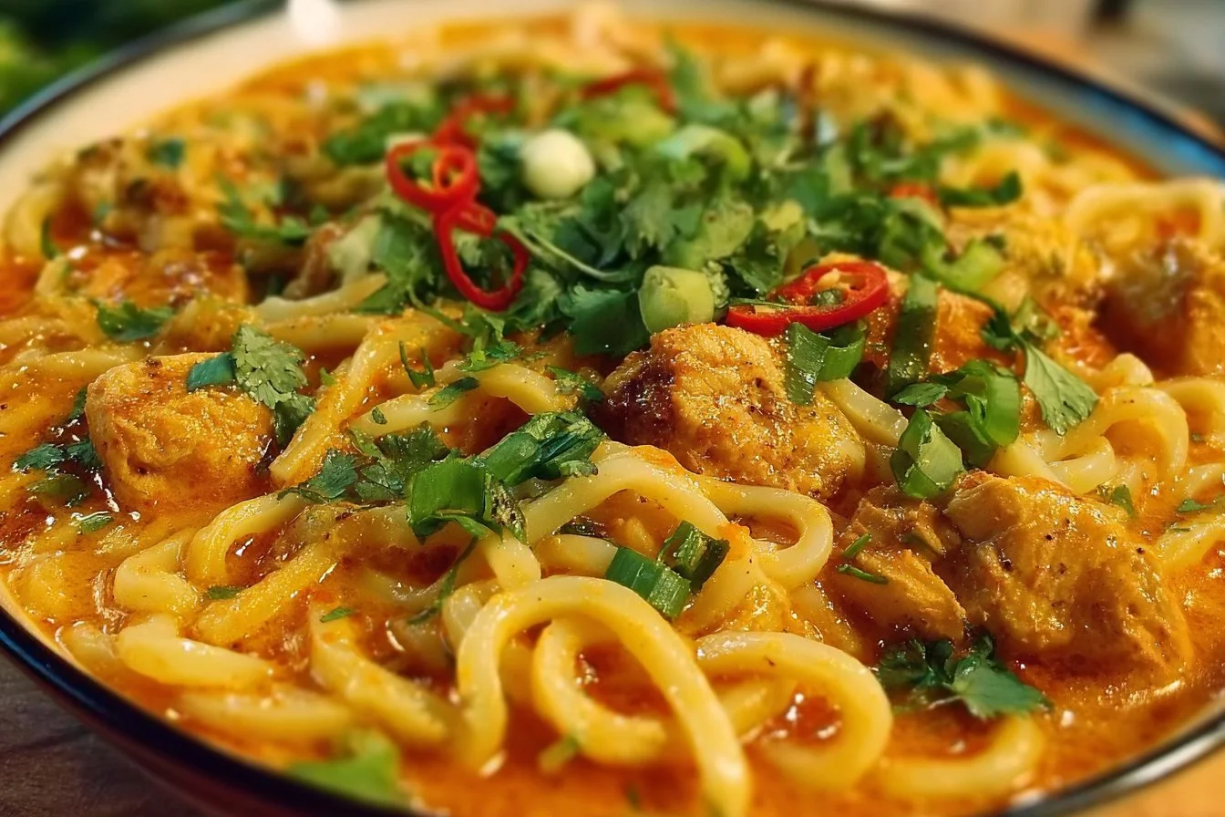 Thai-Inspired Coconut Red Curry Chicken Udon 3 Delicious coconut red curry chicken with udon noodles in a vibrant bowl