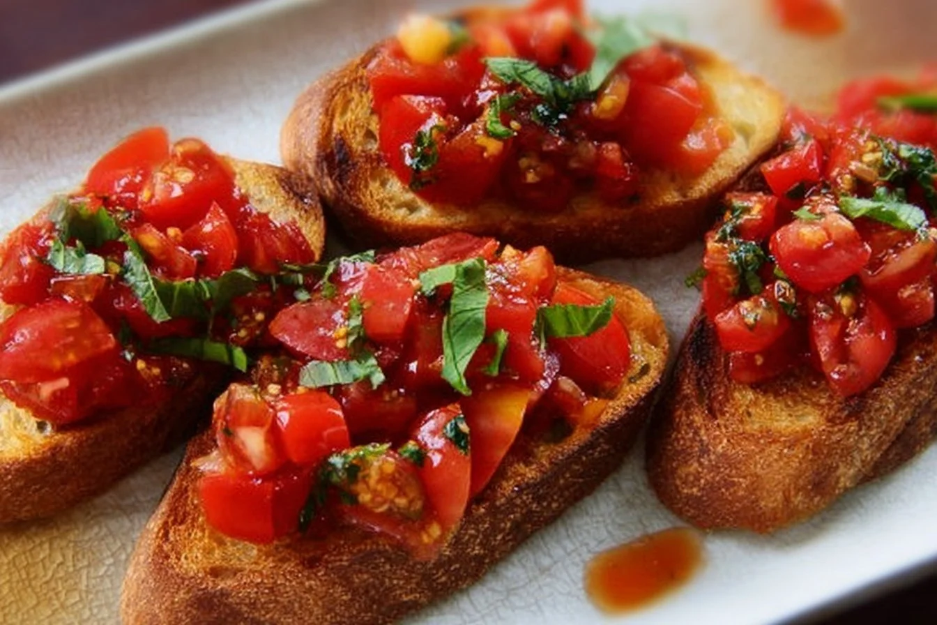 Delicious Tomato Bruschetta topped with fresh herbs and drizzled with balsamic glaze