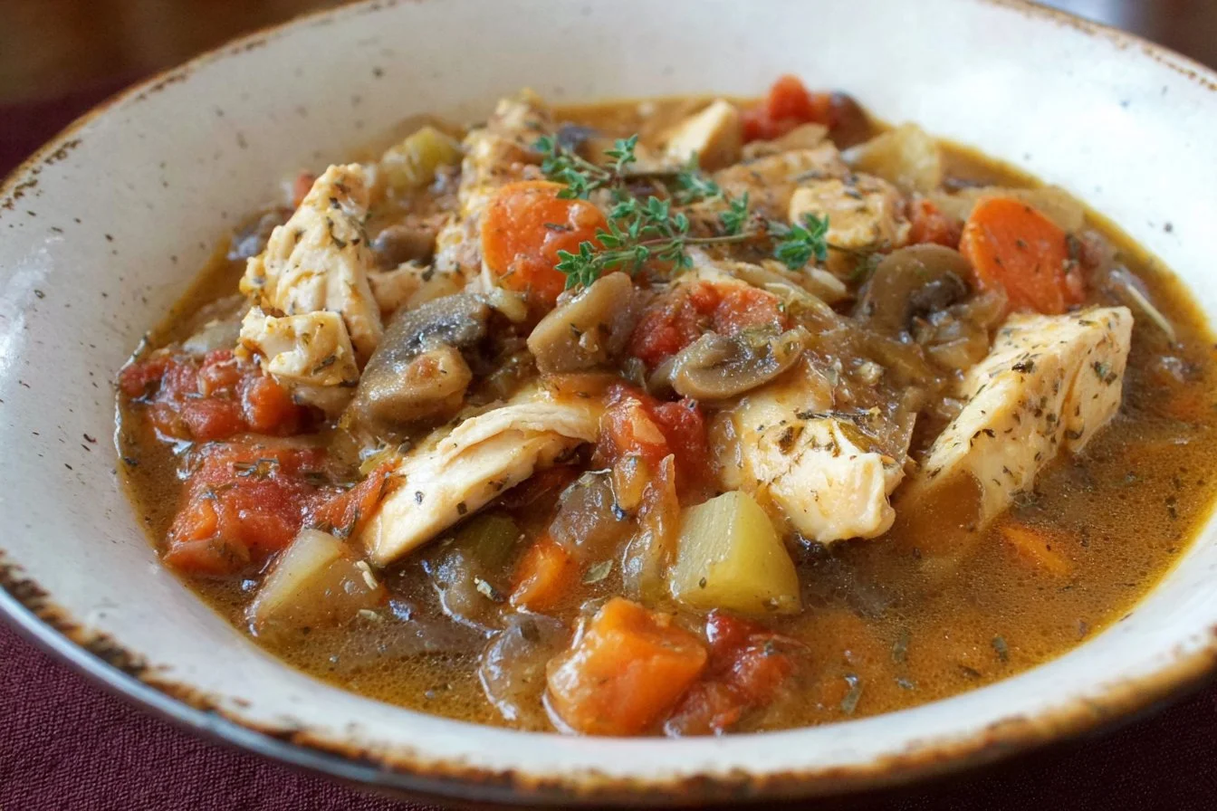 Delicious bowl of Tuscan Chicken Stew with fresh vegetables and seasoning