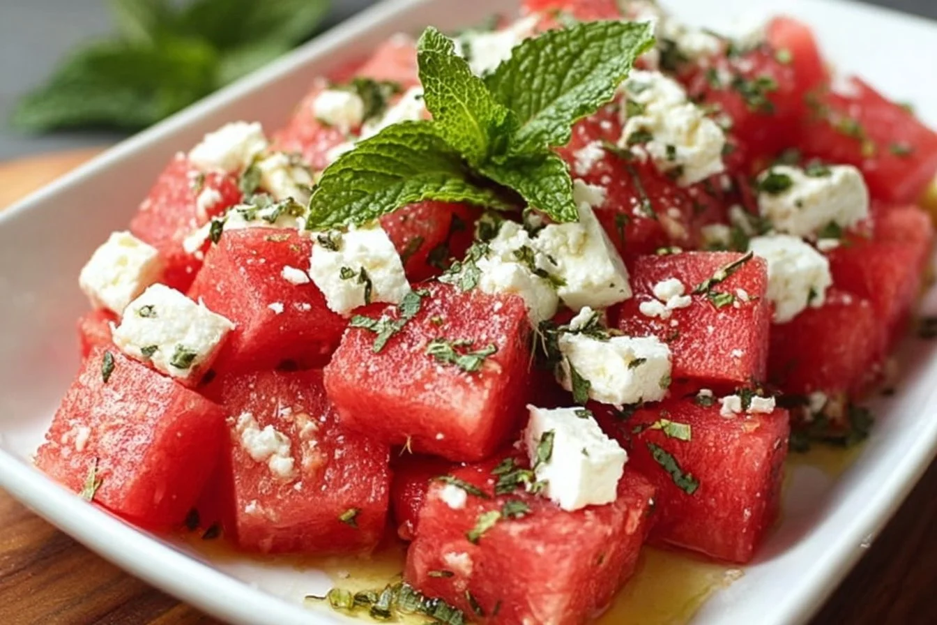 Delicious watermelon feta salad with mint and balsamic dressing