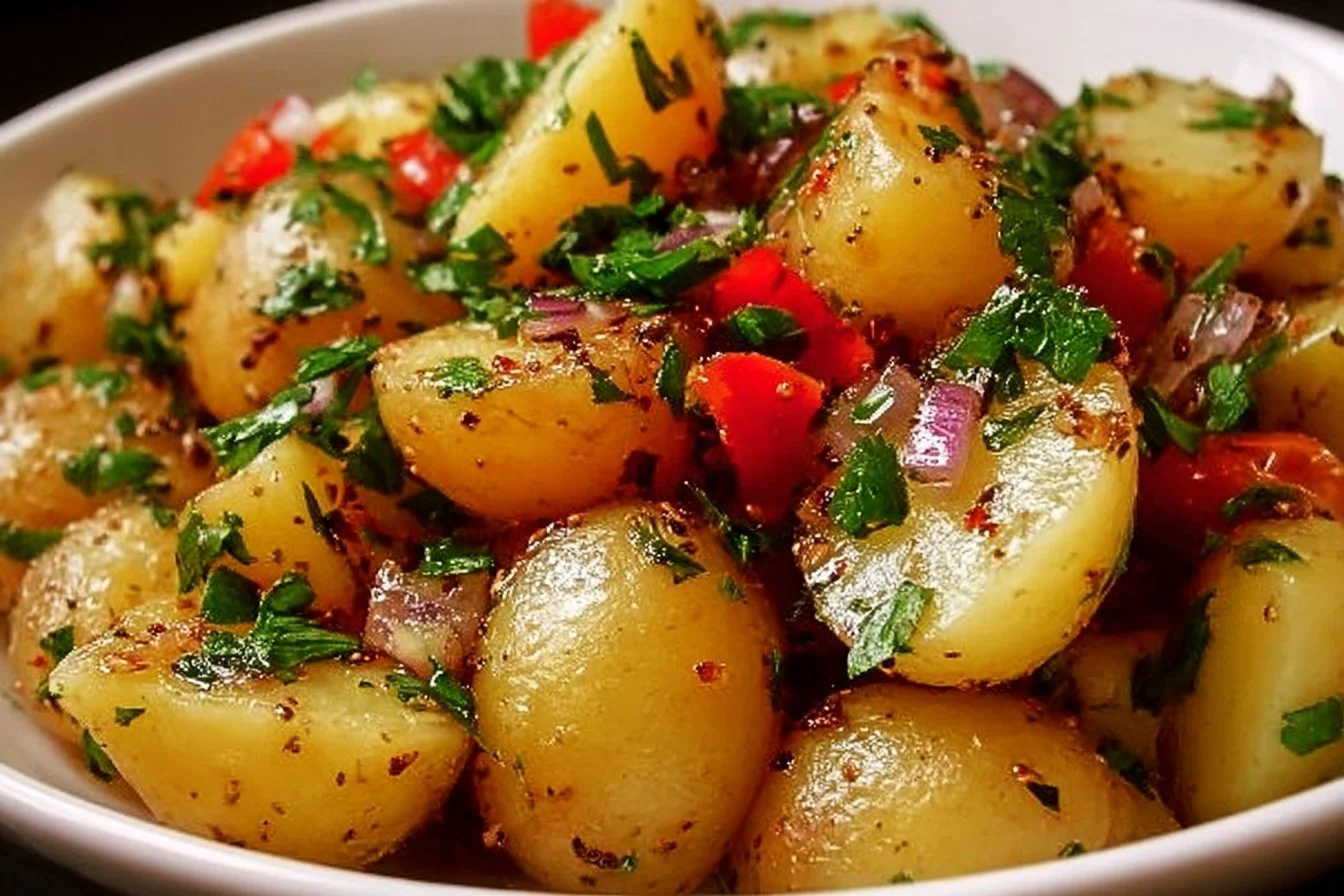 Zesty potato salad with fresh herbs and vibrant colors in a bowl