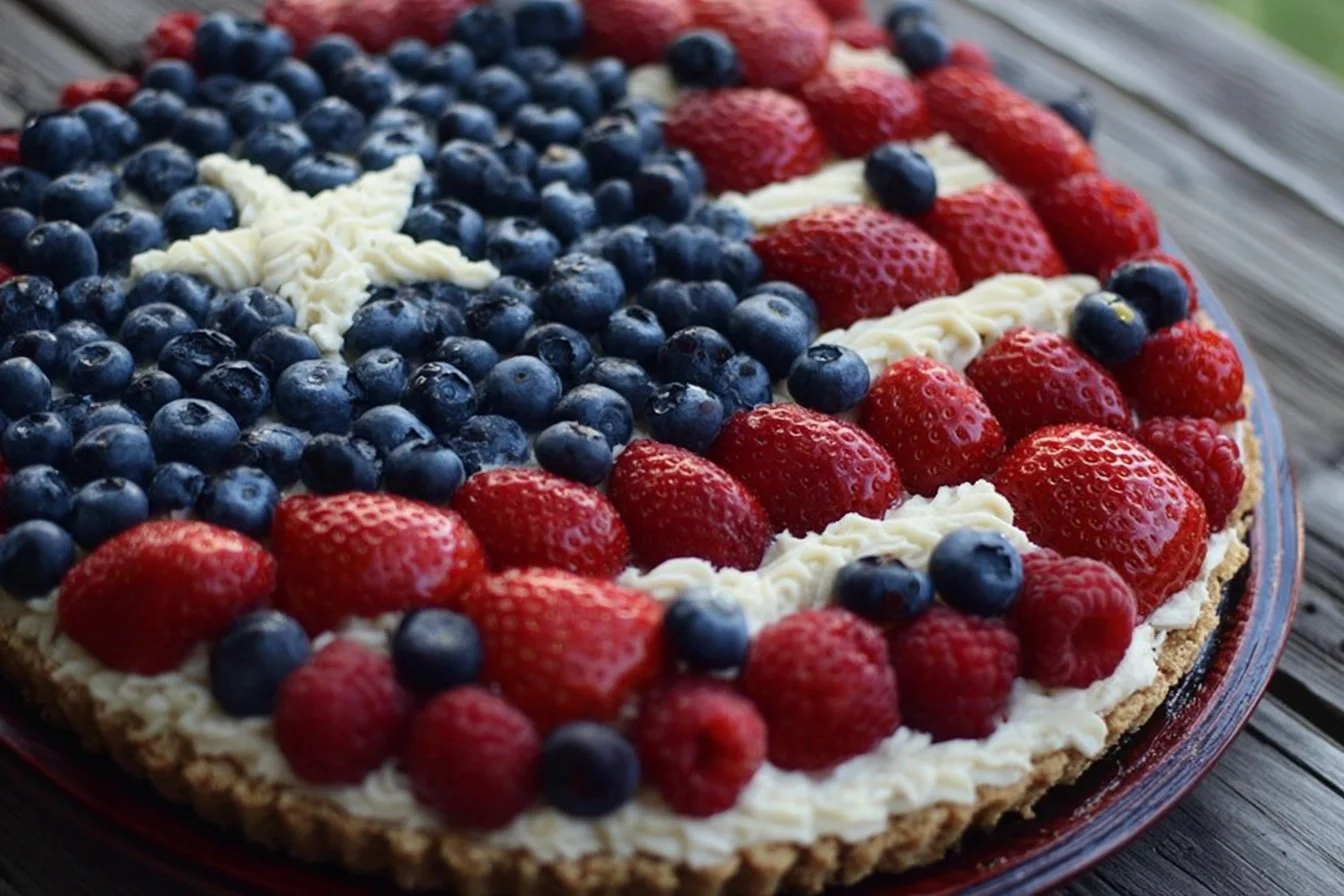 American Flag Fruit Pizza topped with strawberries and blueberries