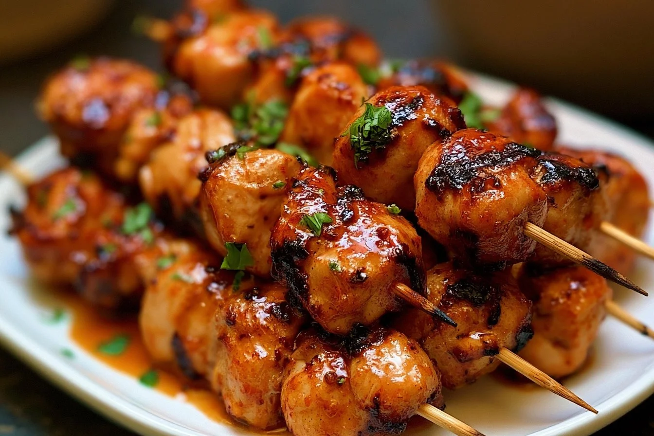 Bang Bang Chicken Skewers 3 Grilled Bang Bang Chicken Skewers garnished with sauce and herbs