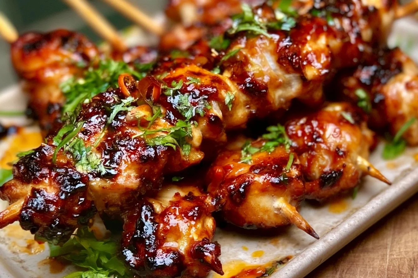 Bang Bang Chicken Skewers 3 Delicious and spicy Bang Bang Chicken Skewers served on a plate.