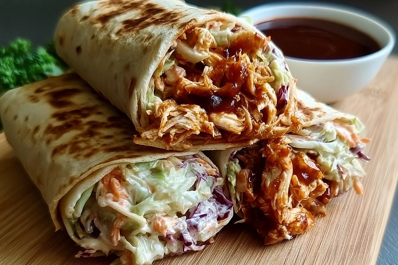 BBQ Chicken Coleslaw Wraps 3 BBQ Chicken Coleslaw Wraps served on a plate with fresh ingredients