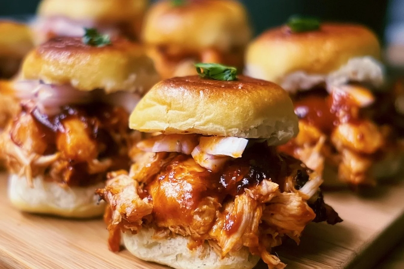 BBQ Chicken Sliders 3 BBQ chicken sliders served on a platter with toppings and sides